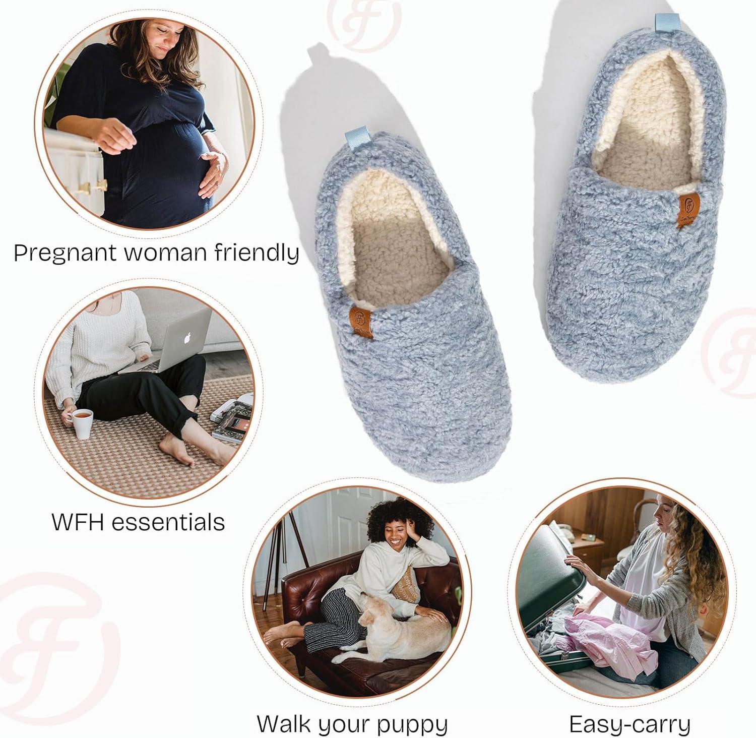 EverFoams Women’s Soft Curly Full Slippers Memory Foam Lightweight House Shoes Cozy Loafer with Polar Fleece Lining(Light Blue)