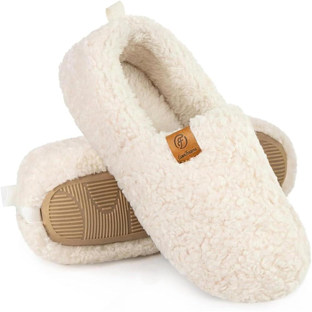 EverFoams Women’s Soft Curly Full Slippers Memory Foam Lightweight House Shoes Cozy Loafer with Polar Fleece Lining(White)