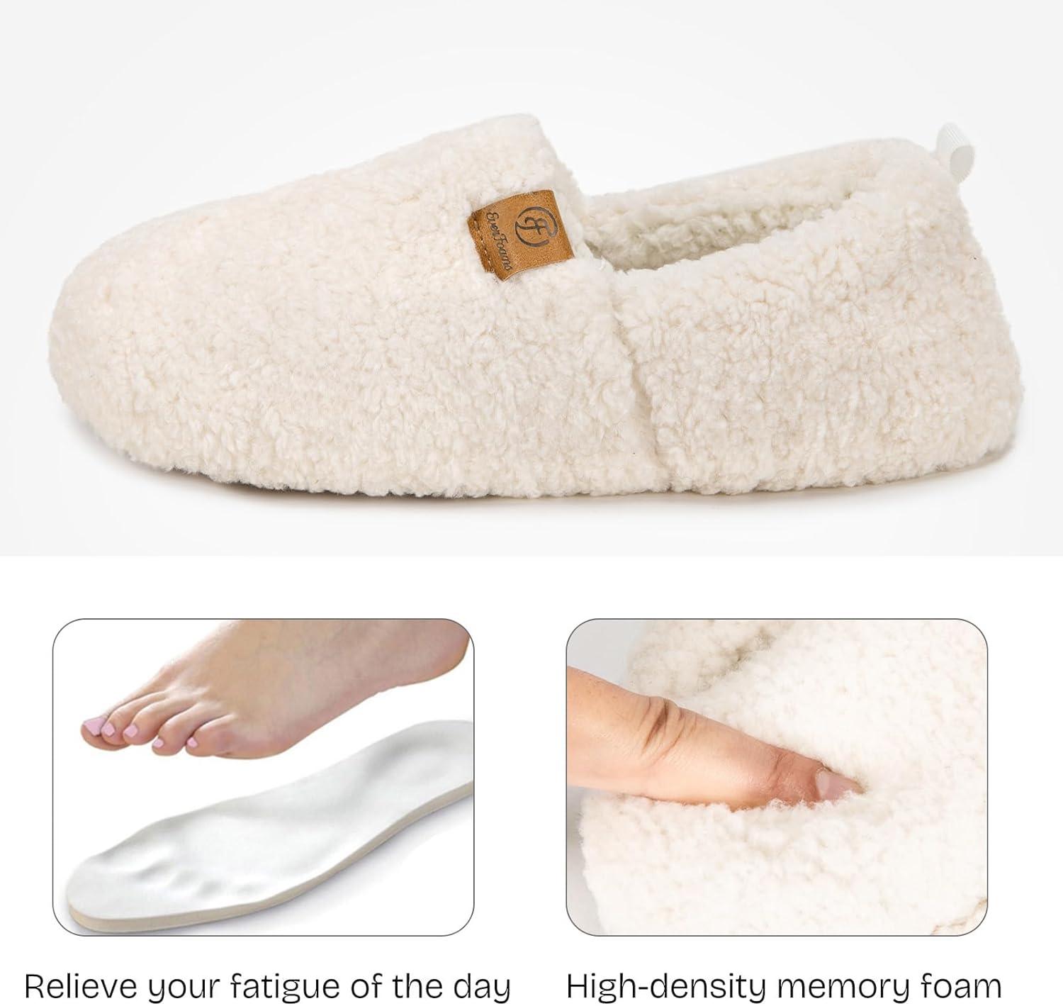 EverFoams Women’s Soft Curly Full Slippers Memory Foam Lightweight House Shoes Cozy Loafer with Polar Fleece Lining(White)