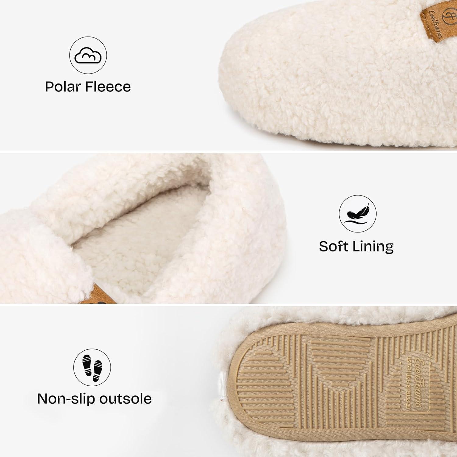 EverFoams Women’s Soft Curly Full Slippers Memory Foam Lightweight House Shoes Cozy Loafer with Polar Fleece Lining(White)