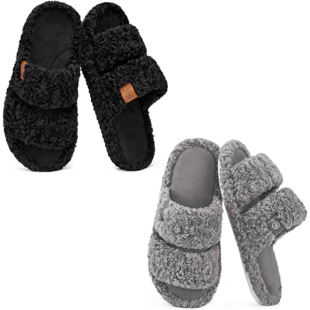 EverFoams Women’s Set of 2 Pairs – Fuzzy Open-toe Slippers (Size 9-10, Matt Black) – Fuzzy Open Toe Slippers (Size 9-10, Cool Gray)