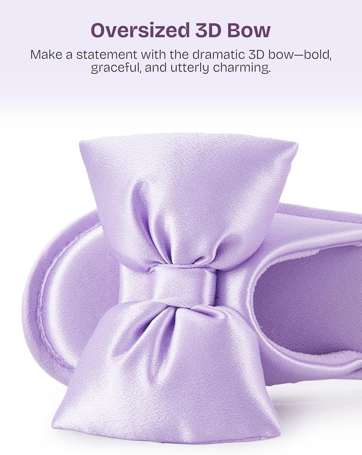 EverFoams Women’s Satin Open-Toe Bow Slippers Memory Foam Indoor Bedroom House Shoes(Mist Lavender)