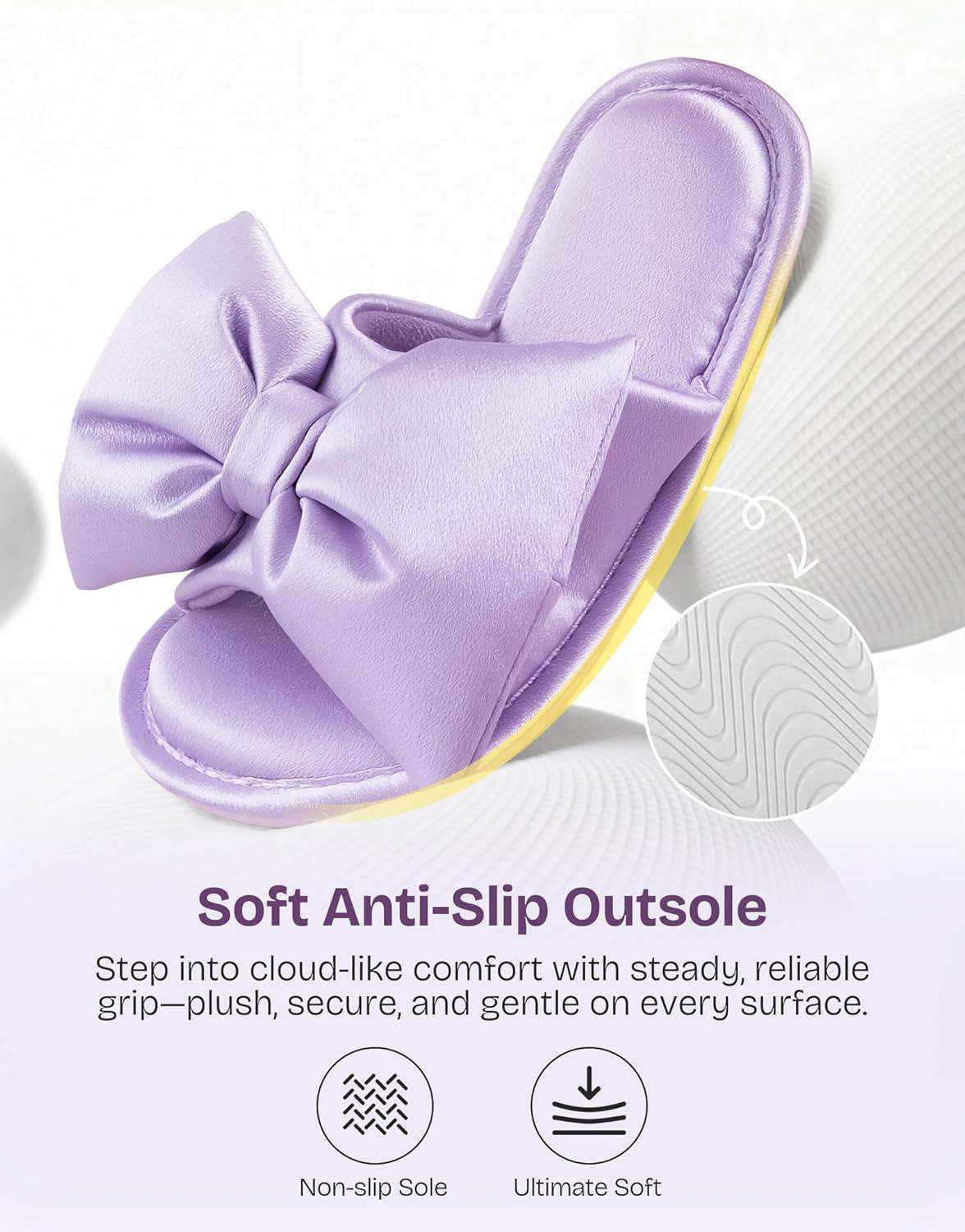 EverFoams Women’s Satin Open-Toe Bow Slippers Memory Foam Indoor Bedroom House Shoes(Mist Lavender)