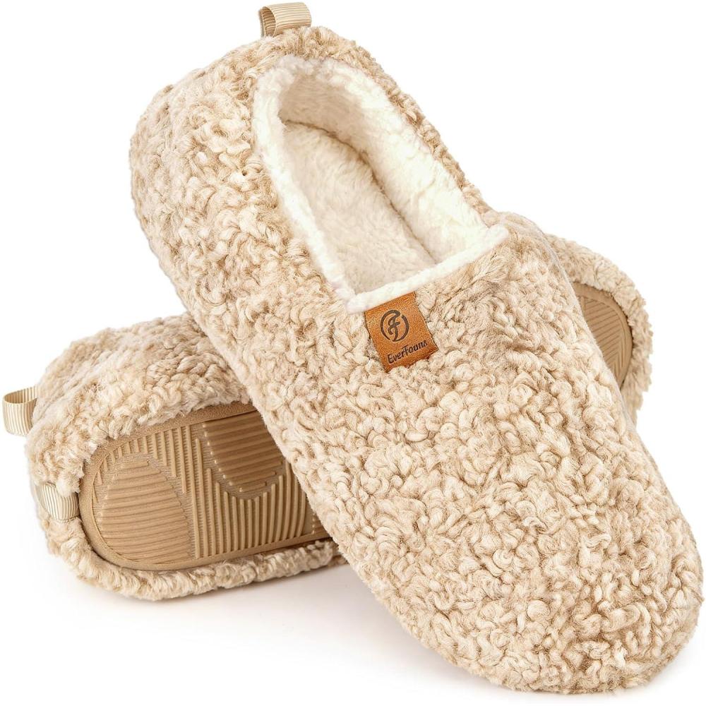 EverFoams Women’s Soft Curly Full Slippers Memory Foam Lightweight House Shoes Cozy Loafer with Polar Fleece Lining(Khaki)