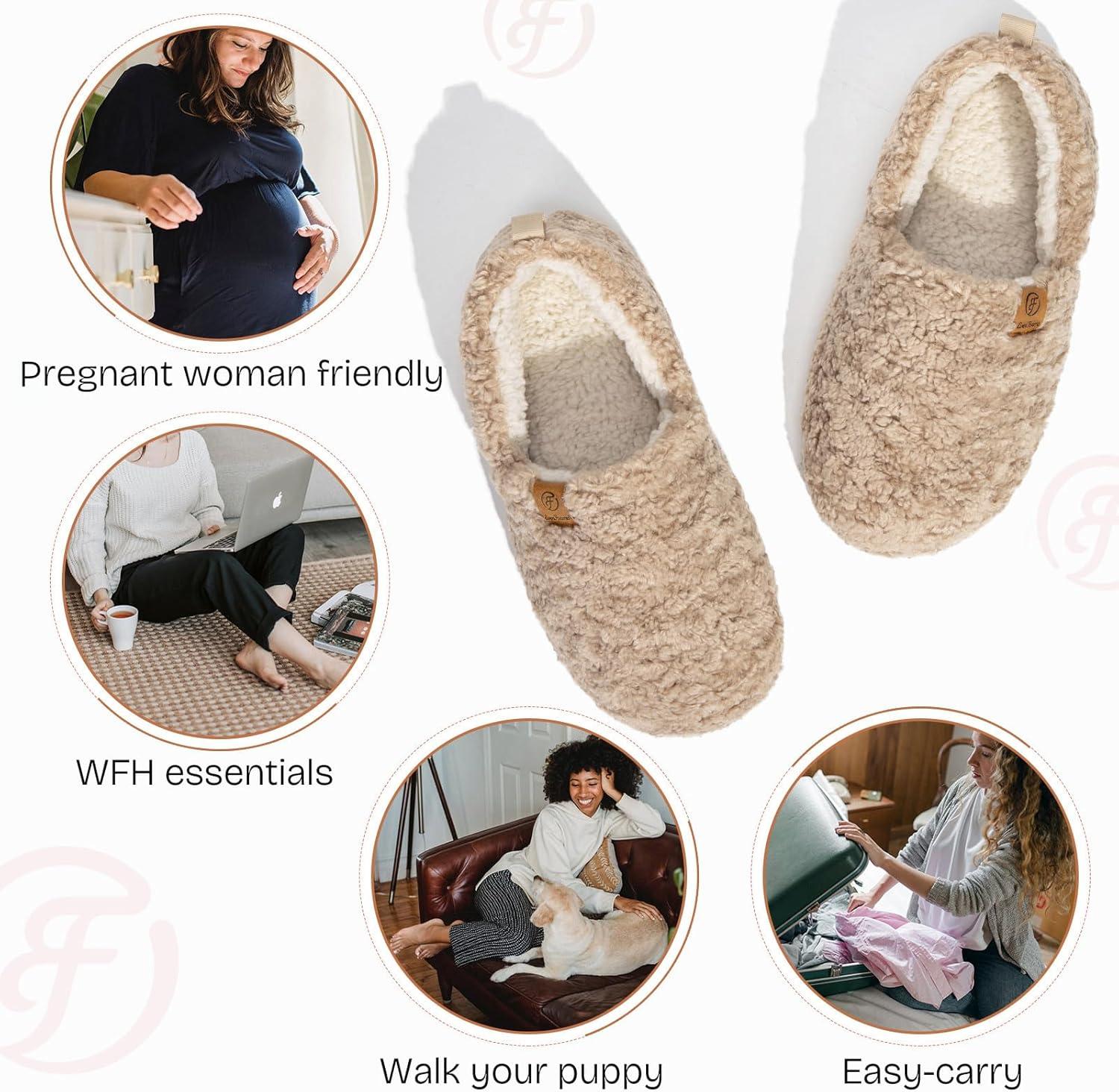 EverFoams Women’s Soft Curly Full Slippers Memory Foam Lightweight House Shoes Cozy Loafer with Polar Fleece Lining(Khaki)