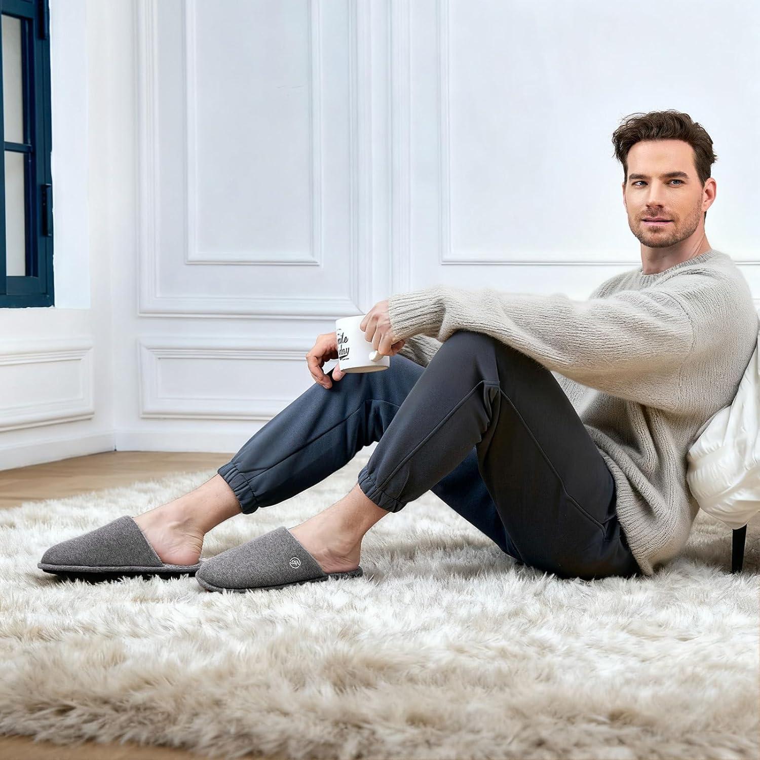 EverFoams Men’s Cotton Knit Slippers Lightweight Memory Foam Indoor House Shoes with Anti-Skid Sole(Grey)