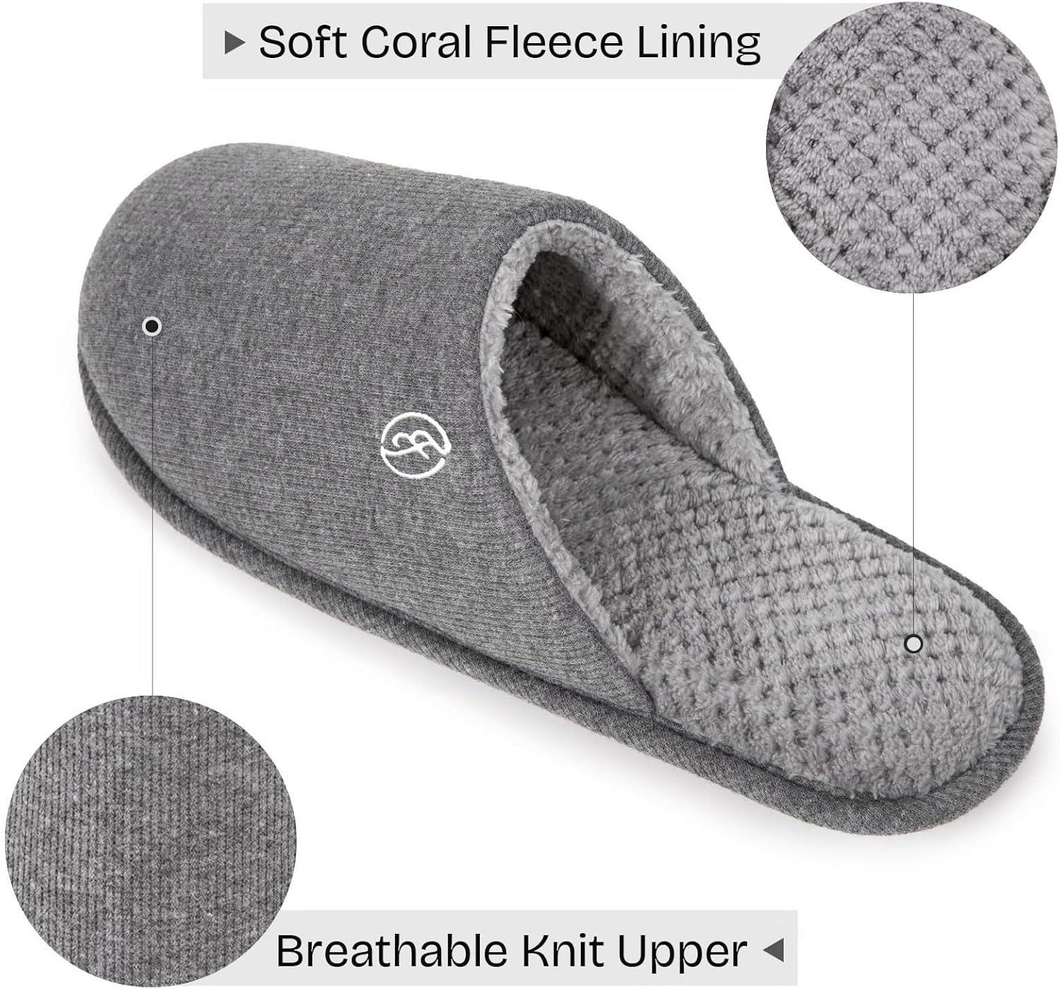 EverFoams Men’s Cotton Knit Slippers Lightweight Memory Foam Indoor House Shoes with Anti-Skid Sole(Grey)
