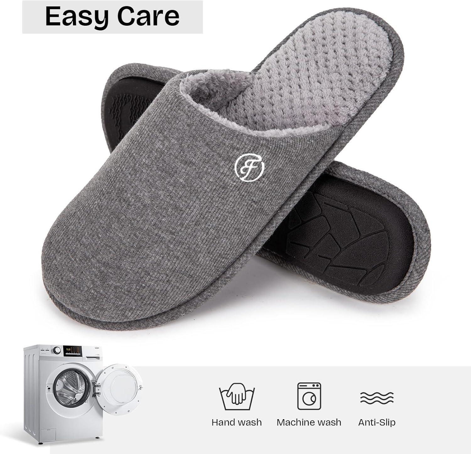 EverFoams Men’s Cotton Knit Slippers Lightweight Memory Foam Indoor House Shoes with Anti-Skid Sole(Grey)