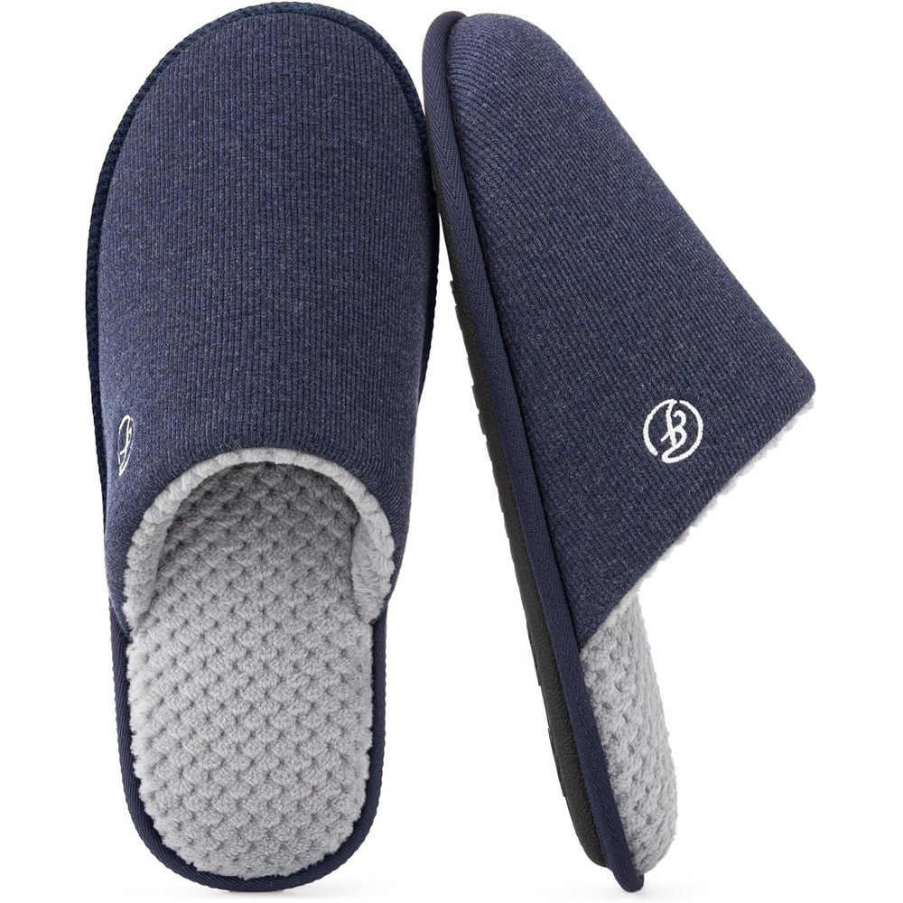 EverFoams Men’s Cotton Knit Slippers Lightweight Memory Foam Indoor Breathable House Shoes with Anti-Skid Sole(Navy Blue)