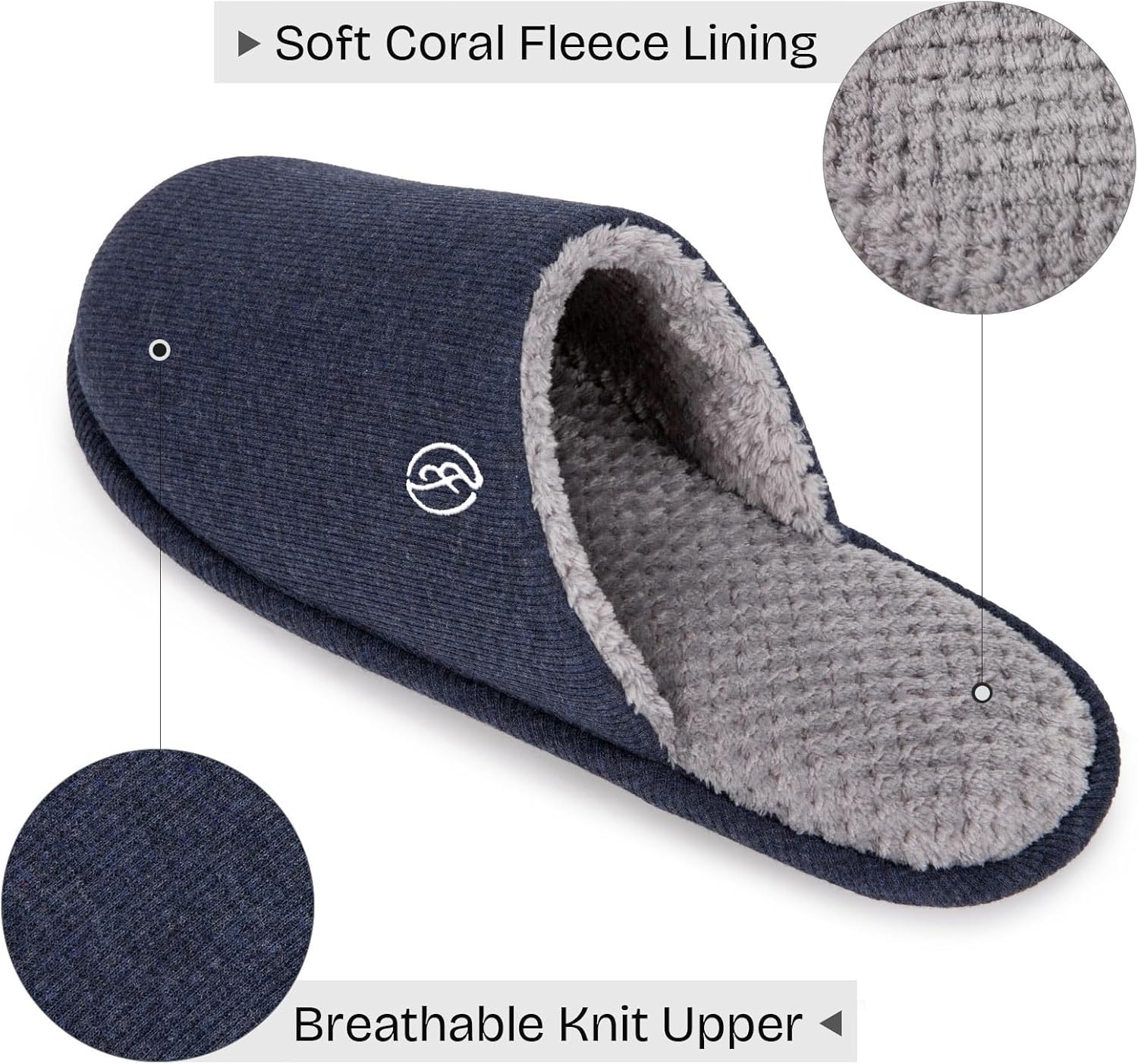 EverFoams Men’s Cotton Knit Slippers Lightweight Memory Foam Indoor Breathable House Shoes with Anti-Skid Sole(Navy Blue)