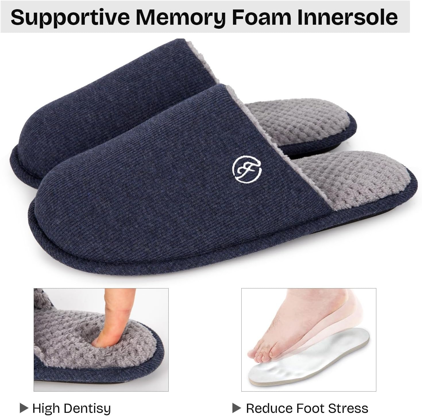 EverFoams Men’s Cotton Knit Slippers Lightweight Memory Foam Indoor Breathable House Shoes with Anti-Skid Sole(Navy Blue)