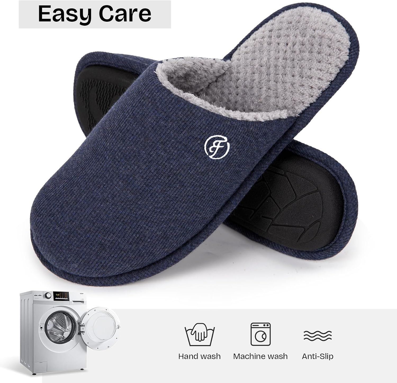 EverFoams Men’s Cotton Knit Slippers Lightweight Memory Foam Indoor Breathable House Shoes with Anti-Skid Sole(Navy Blue)