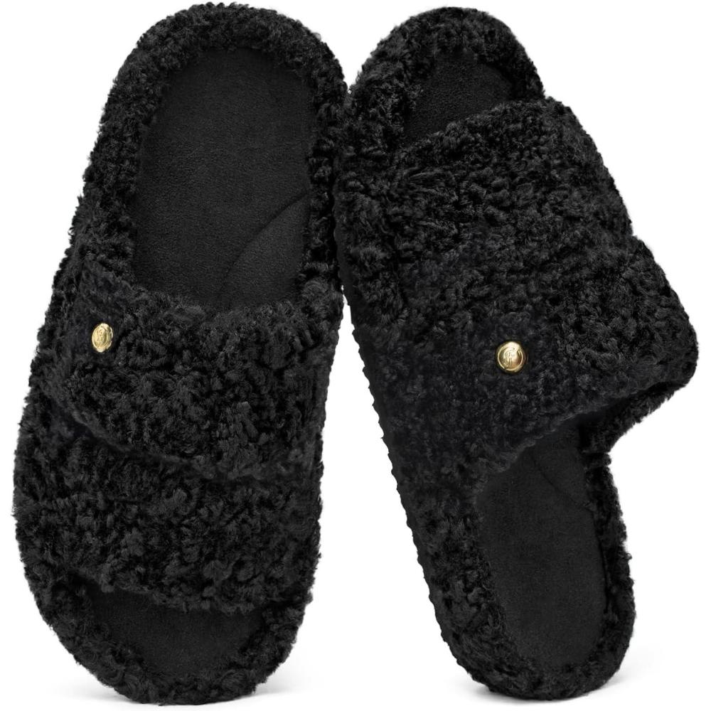 EverFoams Women’s Fashionable Open-toe Slippers with Cozy Plush Non-Slip Sole(Dark Black)
