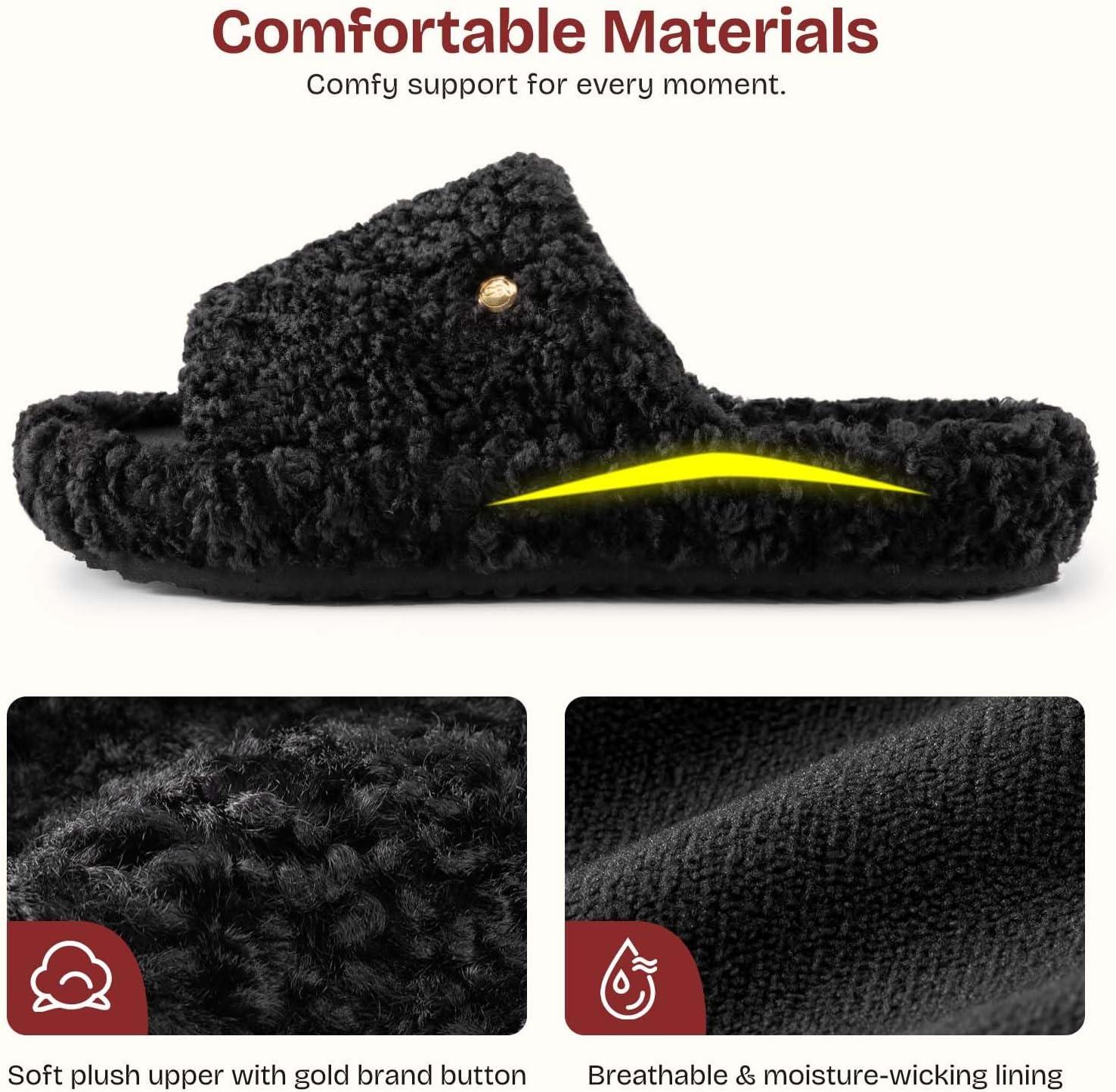 EverFoams Women’s Fashionable Open-toe Slippers with Cozy Plush Non-Slip Sole(Dark Black)