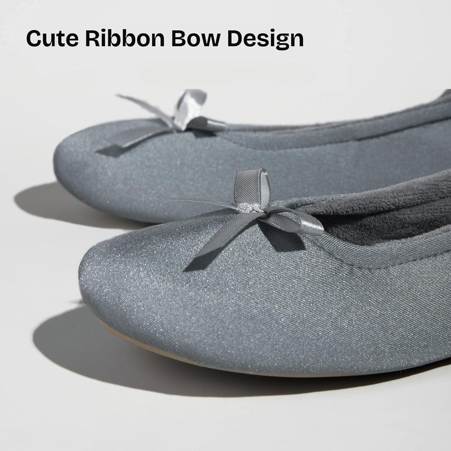 EverFoams Women’s Satin Memory Foam Ballerina Slippers Cute House Shoes with Indoor Rubber Sole(Grey)