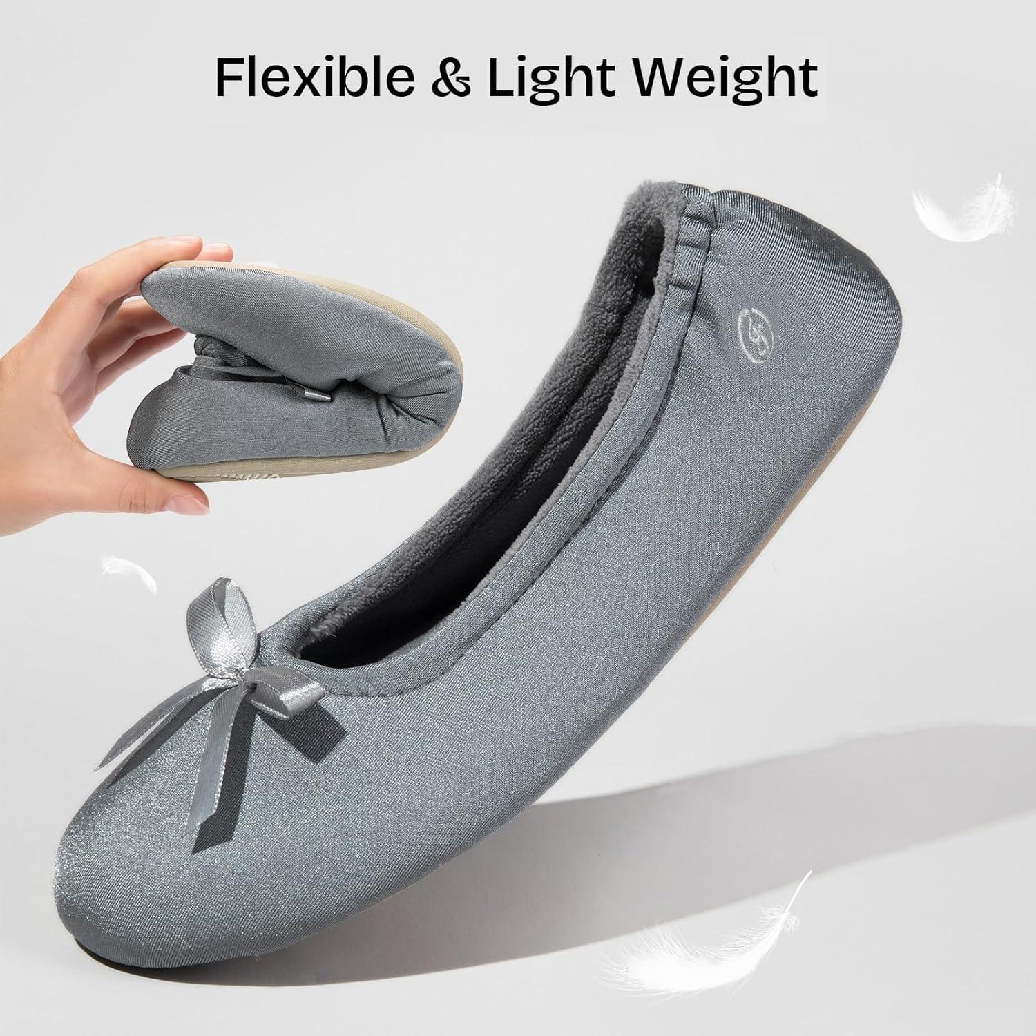 EverFoams Women’s Satin Memory Foam Ballerina Slippers Cute House Shoes with Indoor Rubber Sole(Grey)