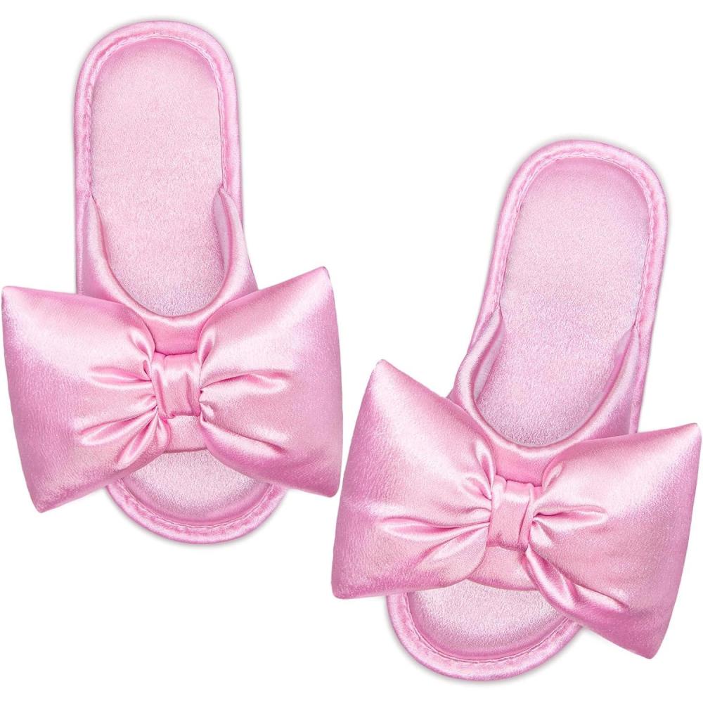 EverFoams Women’s Satin Open-Toe Bow Slippers Memory Foam Indoor Bedroom House Shoes(Pink Macaron)