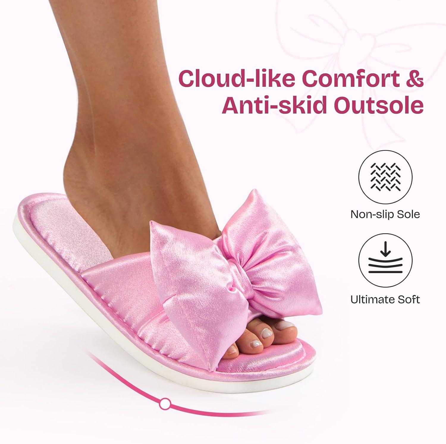 EverFoams Women’s Satin Open-Toe Bow Slippers Memory Foam Indoor Bedroom House Shoes(Pink Macaron)