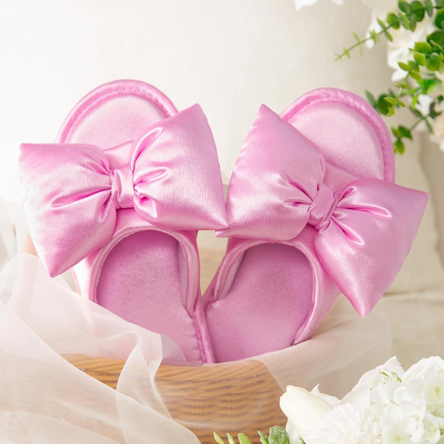 EverFoams Women’s Satin Open-Toe Bow Slippers Memory Foam Indoor Bedroom House Shoes(Pink Macaron)