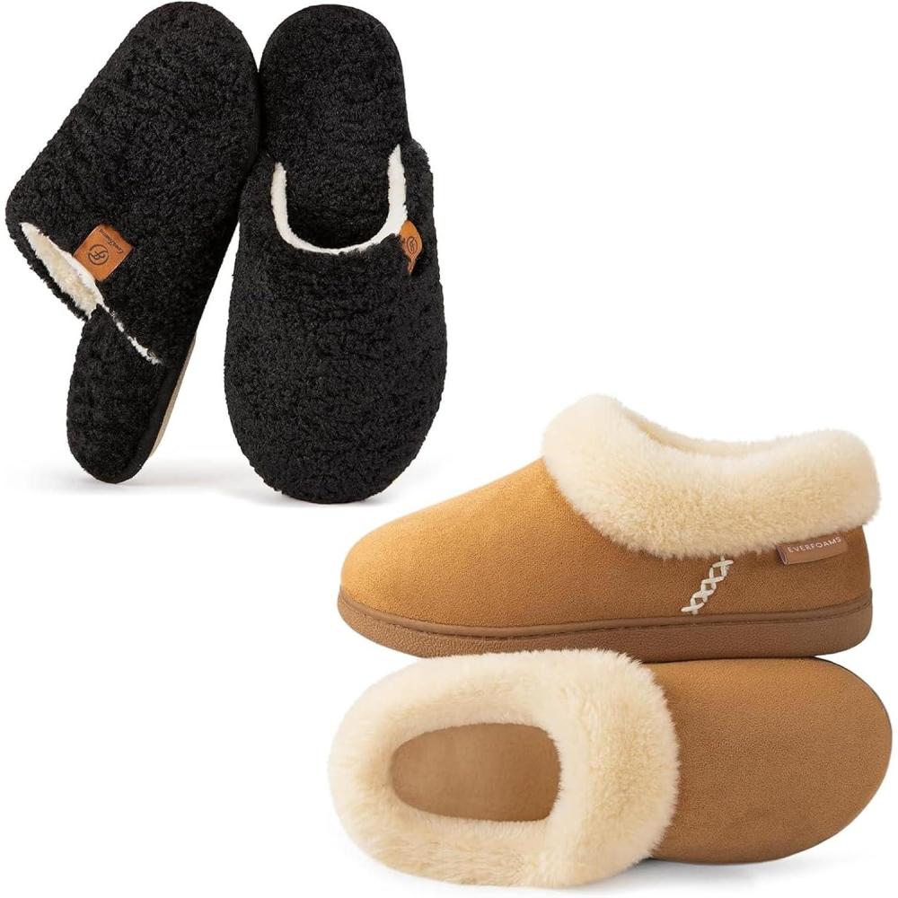 EverFoams Women’s Slippers Set- Microsuede Slippers(Tan, Size 7-8) – Fuzzy Slip-on Slippers(Black, Size 7-8)