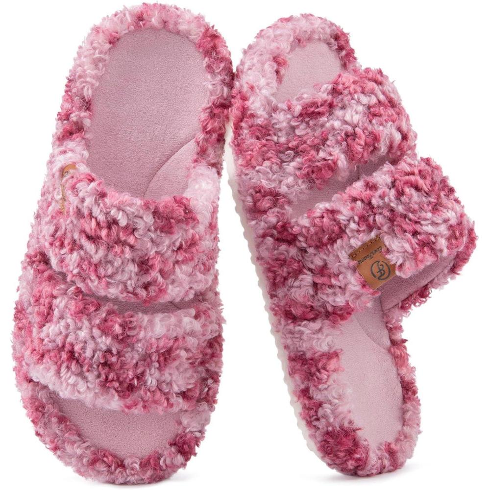 EverFoams Womens Fuzzy Open-toe Slippers Soft Comfy Memory Foam Indoor House Shoes(Diva Wild Pink)