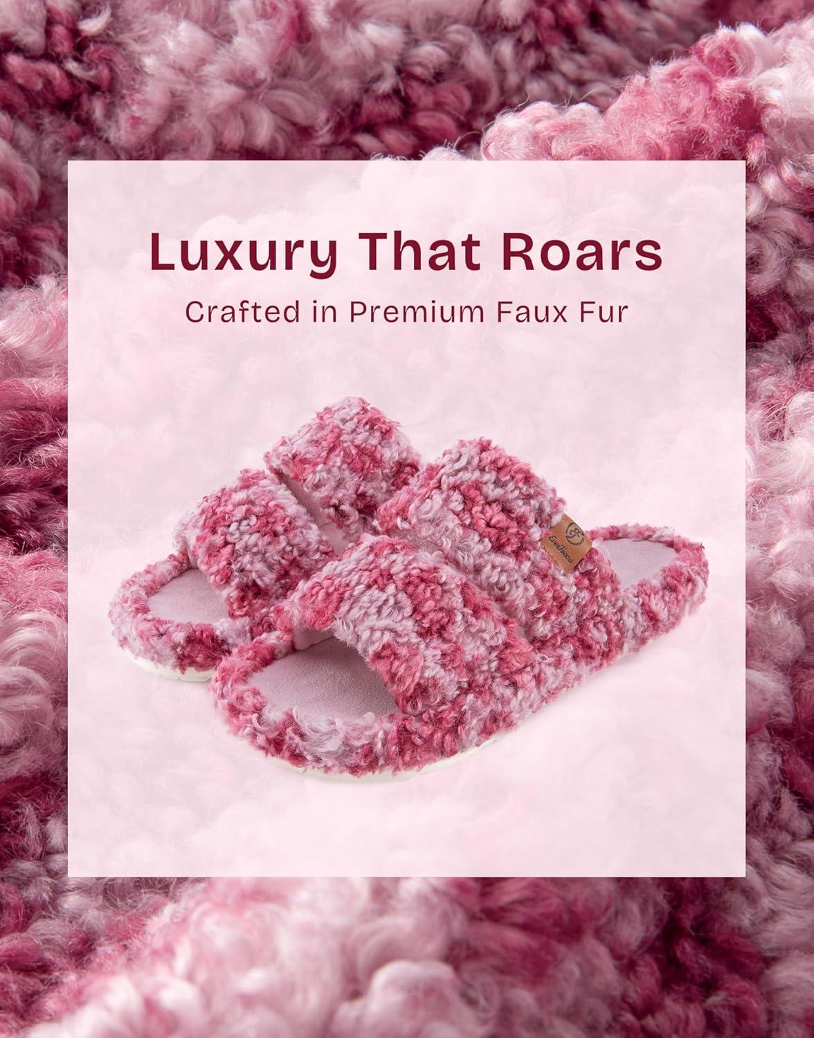 EverFoams Womens Fuzzy Open-toe Slippers Soft Comfy Memory Foam Indoor House Shoes(Diva Wild Pink)