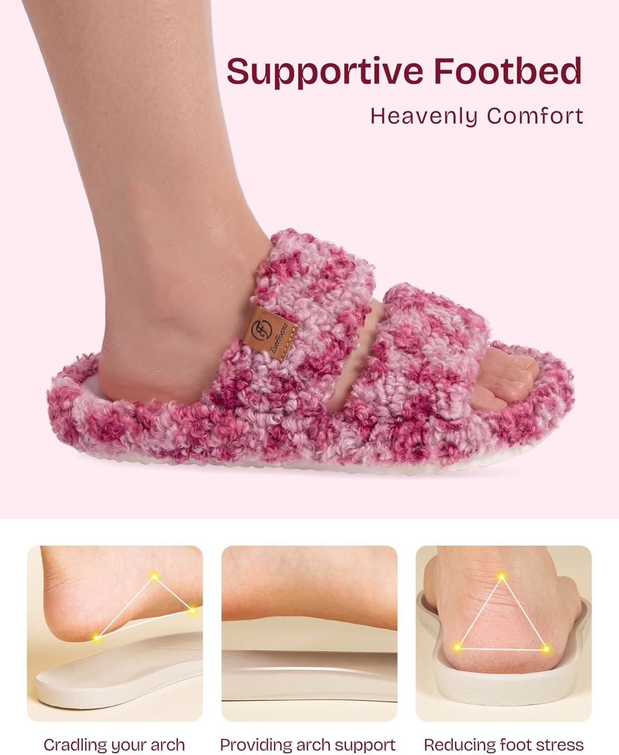 EverFoams Womens Fuzzy Open-toe Slippers Soft Comfy Memory Foam Indoor House Shoes(Diva Wild Pink)