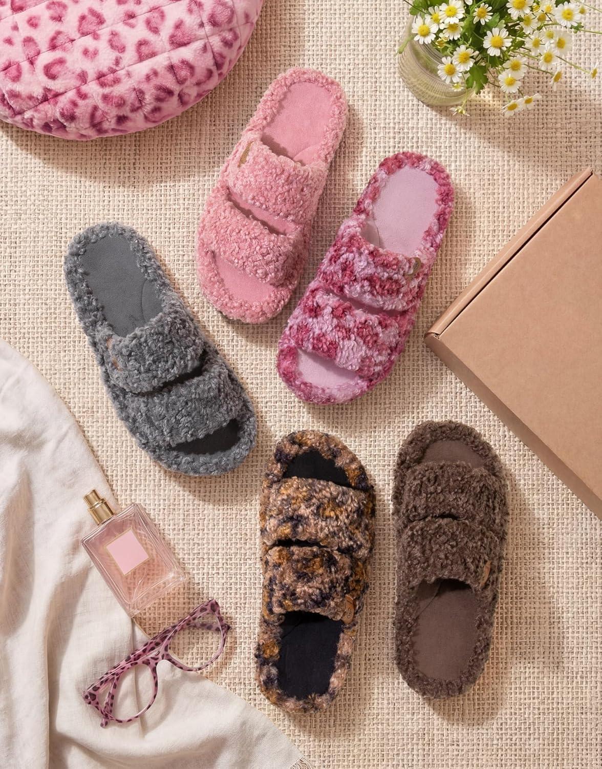 EverFoams Womens Fuzzy Open-toe Slippers Soft Comfy Memory Foam Indoor House Shoes(Diva Wild Pink)