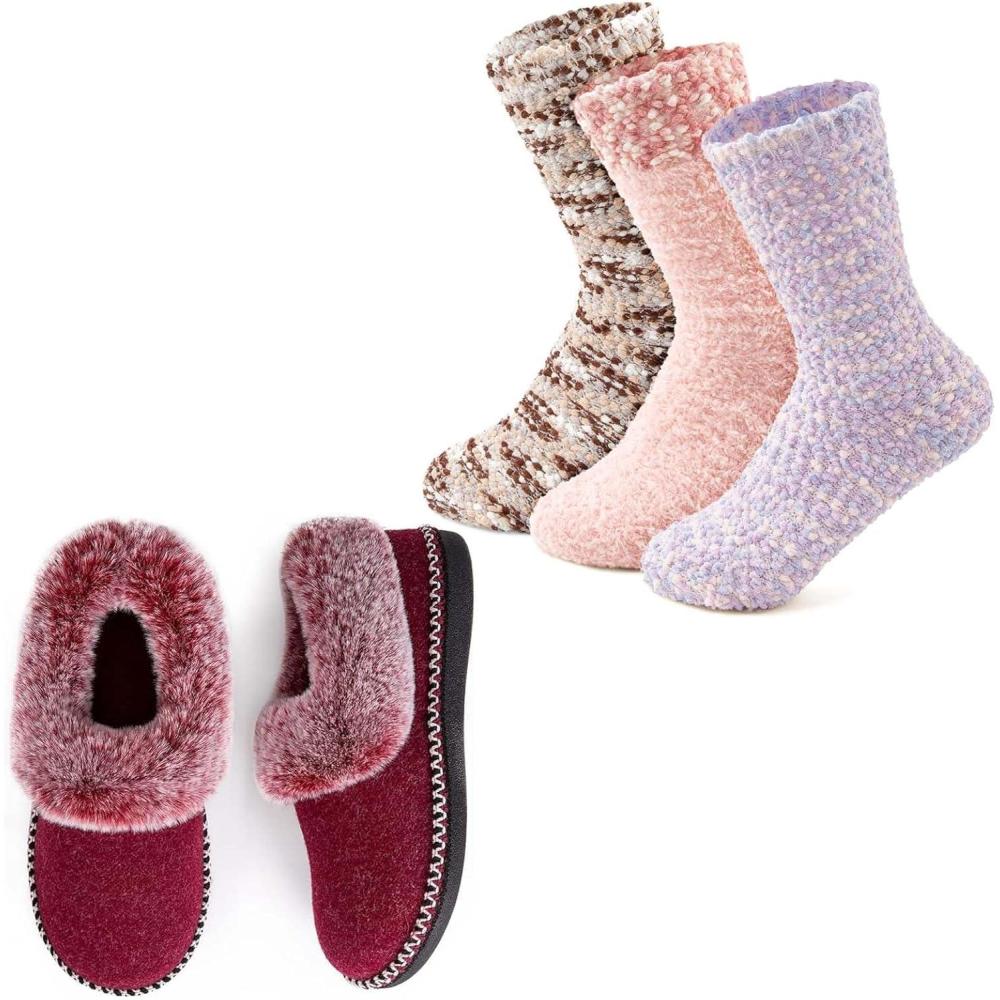 EverFoams Women’s Winer Slipper Socks Set – Women’s Bootie Slippers (Size 8, Wine Red) – Cozy Chenille Socks 3-Pair Set (Free Size, Fairy Fluff)