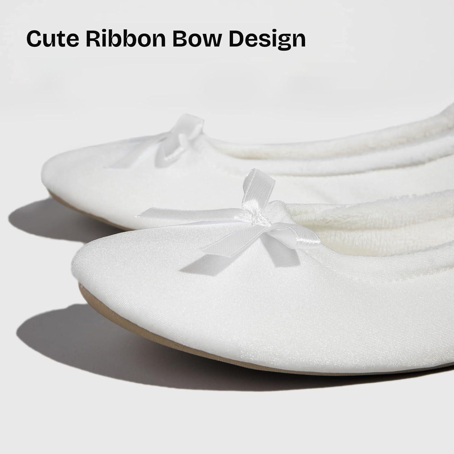 EverFoams Women’s Satin Memory Foam Ballerina Slippers Cute House Shoes with Indoor Rubber Sole(White)