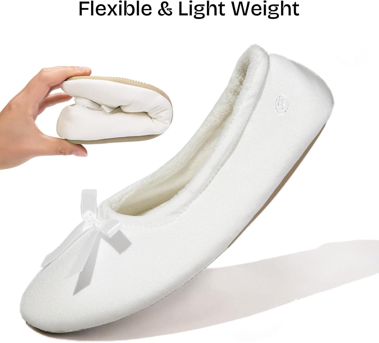 EverFoams Women’s Satin Memory Foam Ballerina Slippers Cute House Shoes with Indoor Rubber Sole(White)