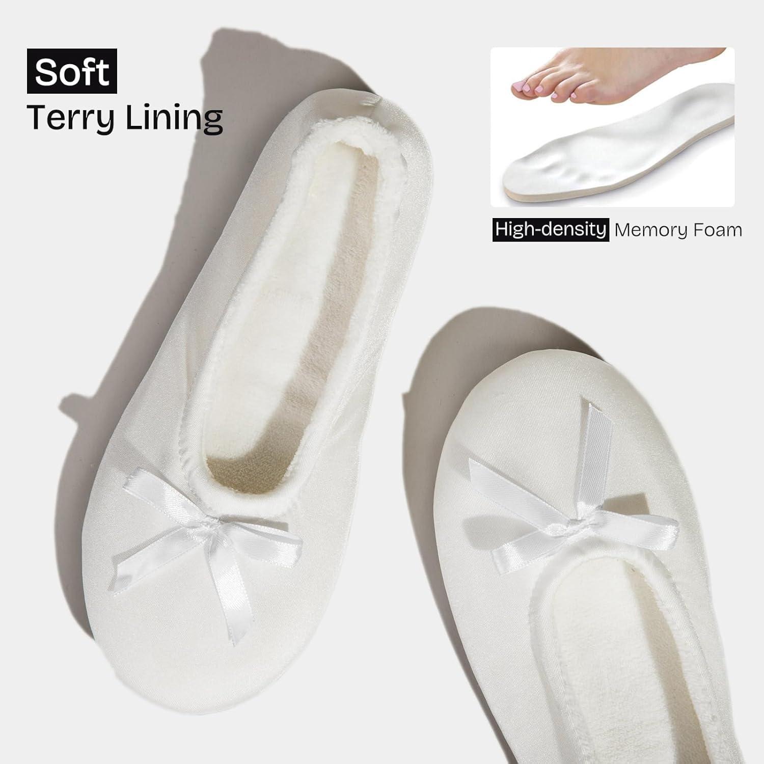 EverFoams Women’s Satin Memory Foam Ballerina Slippers Cute House Shoes with Indoor Rubber Sole(White)
