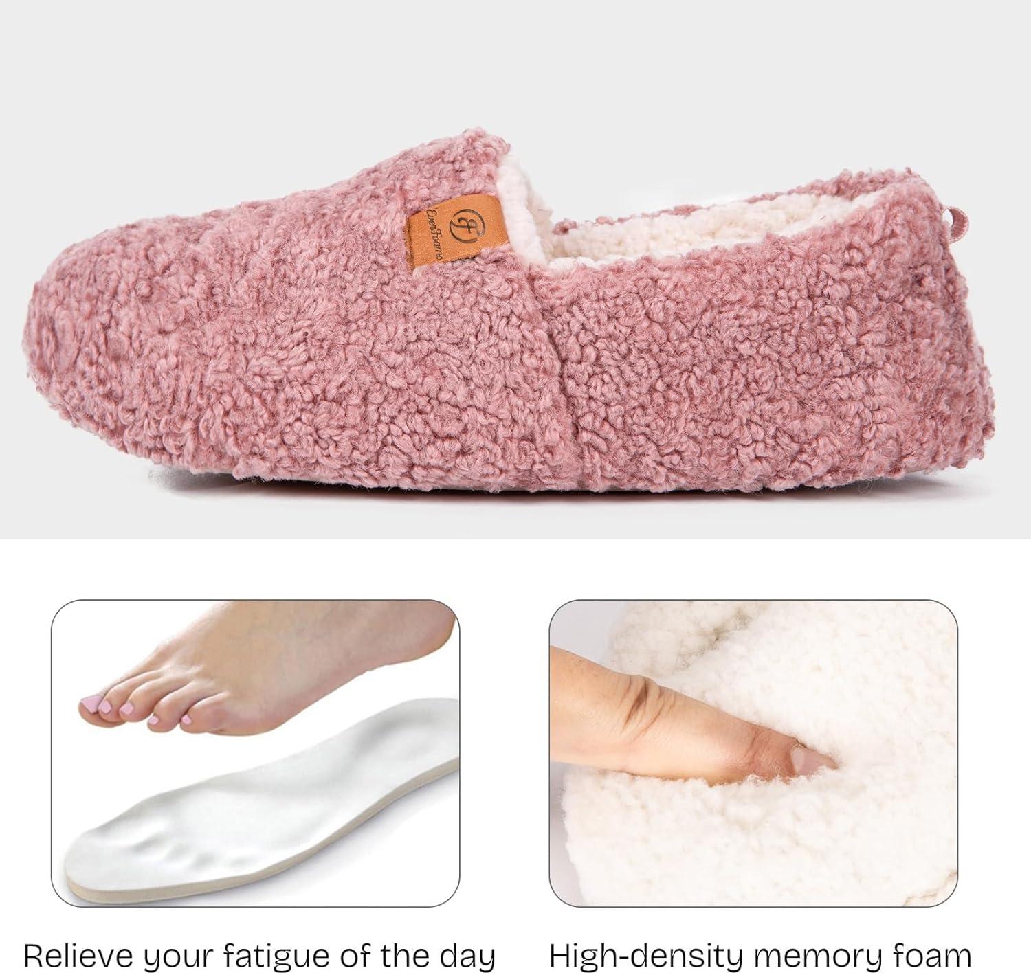 EverFoams Women’s Soft Curly Full Slippers Memory Foam Lightweight House Shoes Cozy Loafer with Polar Fleece Lining(Pink)