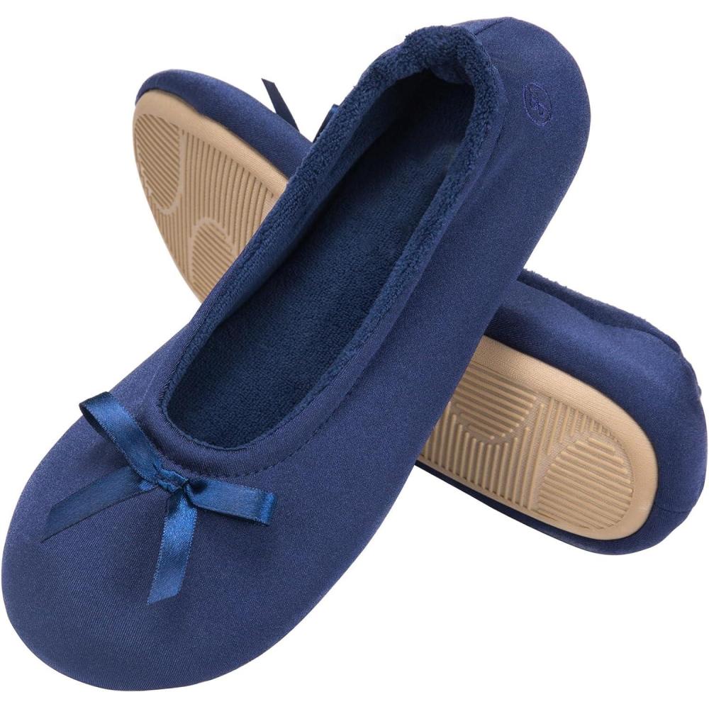 EverFoams Women’s Satin Memory Foam Ballerina Slippers Cute House Shoes with Indoor Rubber Sole(Navy Blue)