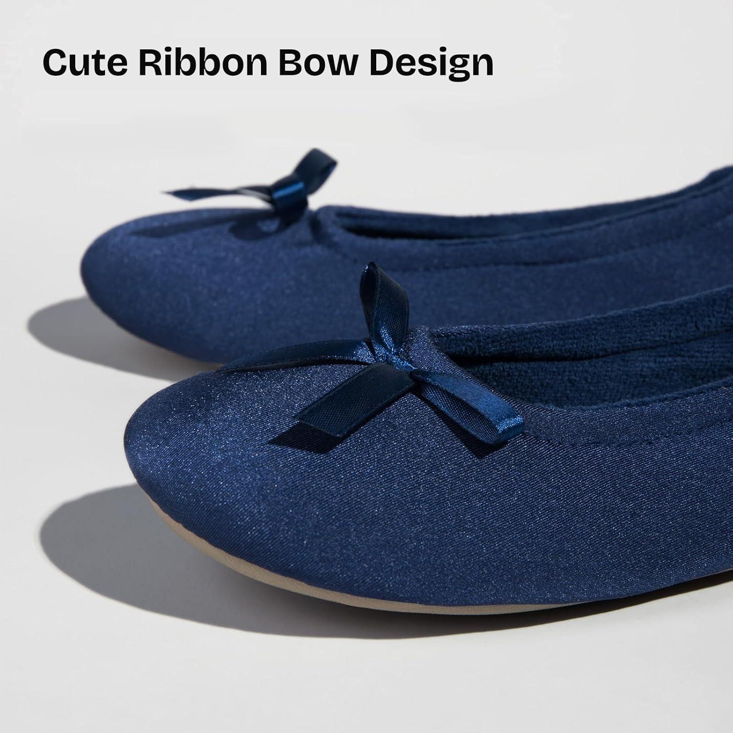 EverFoams Women’s Satin Memory Foam Ballerina Slippers Cute House Shoes with Indoor Rubber Sole(Navy Blue)