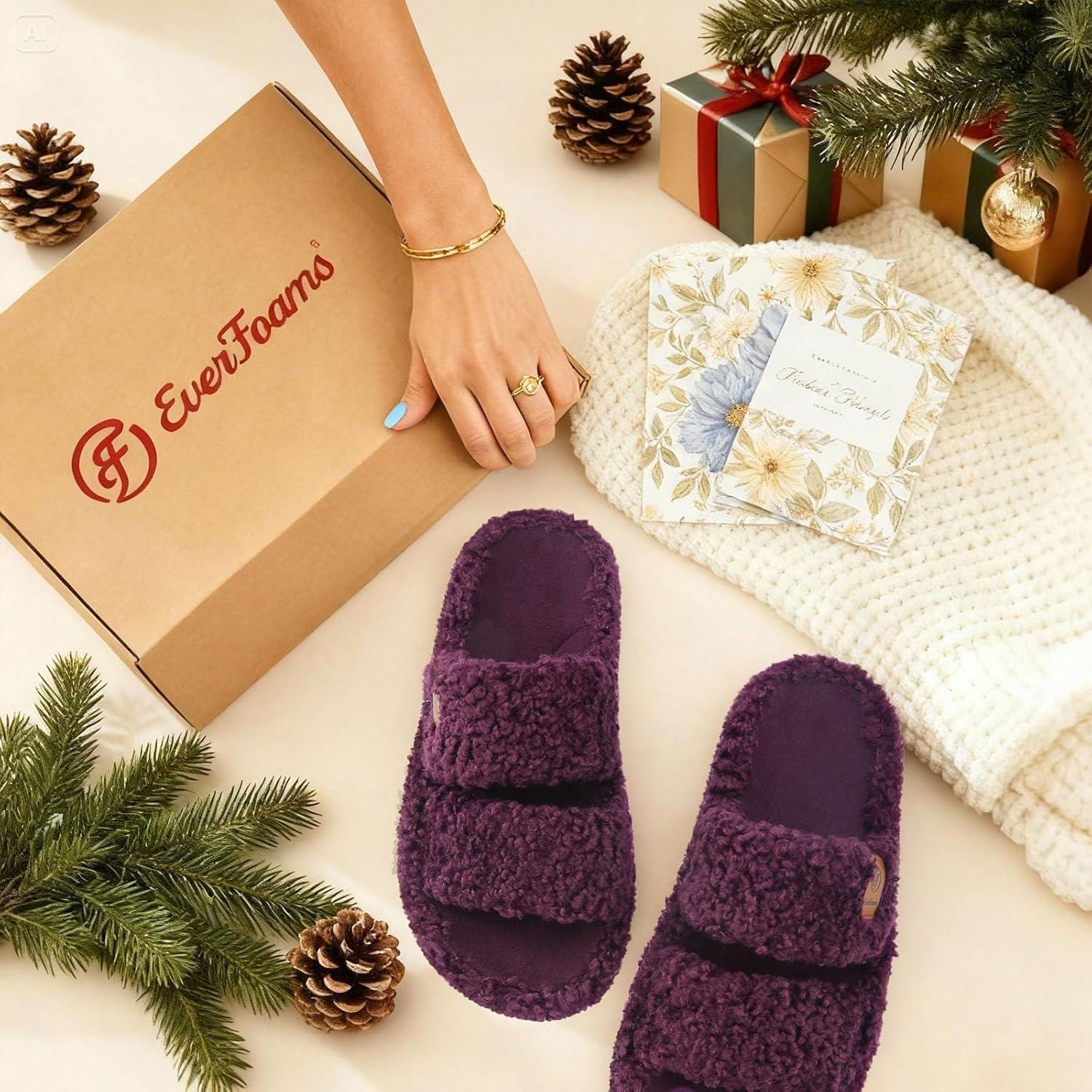 EverFoams Womens Fuzzy Open-toe Slippers Soft Comfy Memory Foam Indoor House Shoes(Plum Violet)