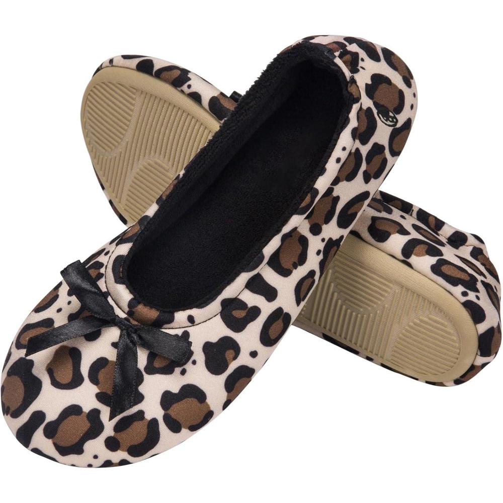 EverFoams Women’s Satin Memory Foam Ballerina Slippers Cute House Shoes with Indoor Rubber Sole(Leopard)