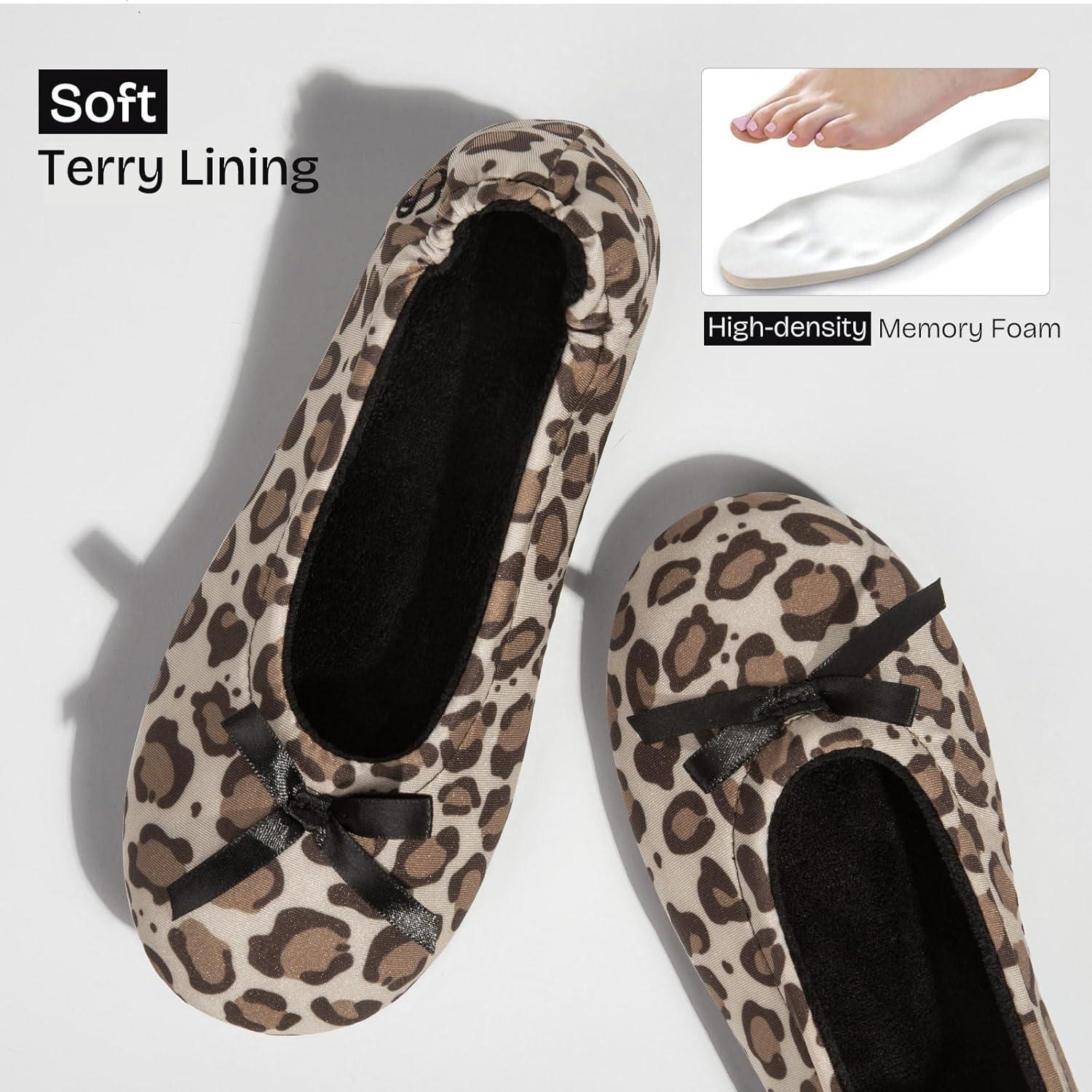 EverFoams Women’s Satin Memory Foam Ballerina Slippers Cute House Shoes with Indoor Rubber Sole(Leopard)