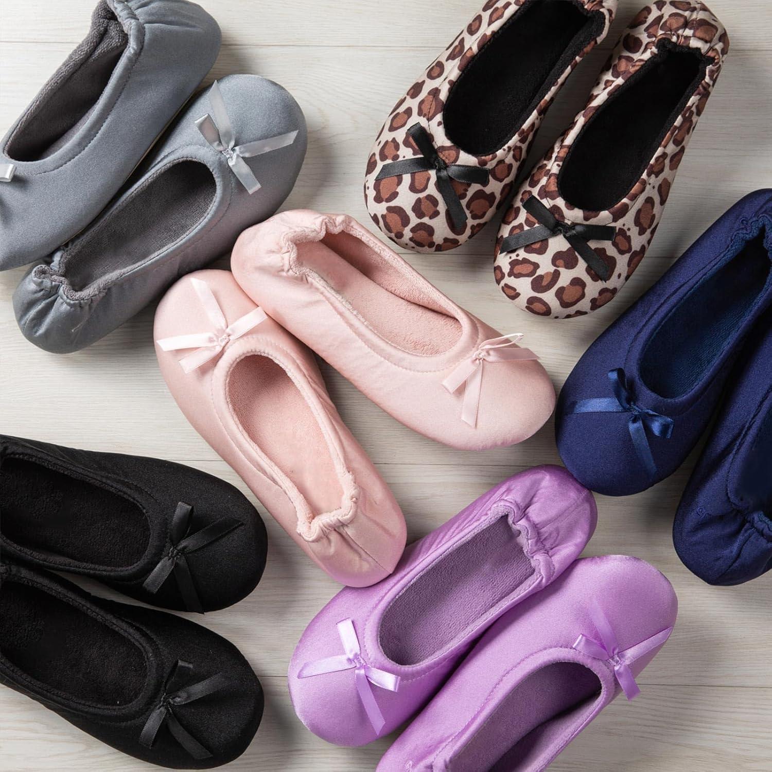 EverFoams Women’s Satin Memory Foam Ballerina Slippers Cute House Shoes with Indoor Rubber Sole(Leopard)