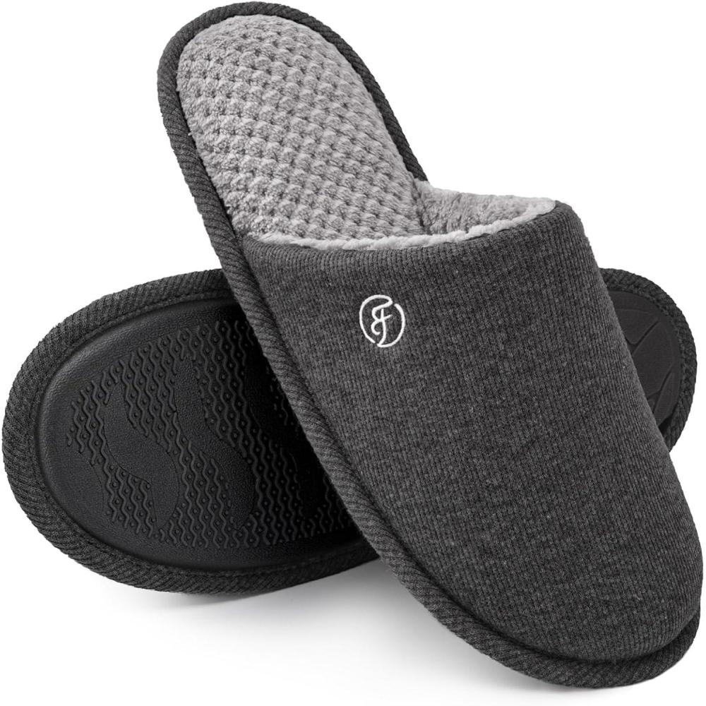 EverFoams Men’s Cotton Knit Slippers Lightweight Memory Foam Indoor House Shoes with Anti-Skid Sole(Lead Gray)