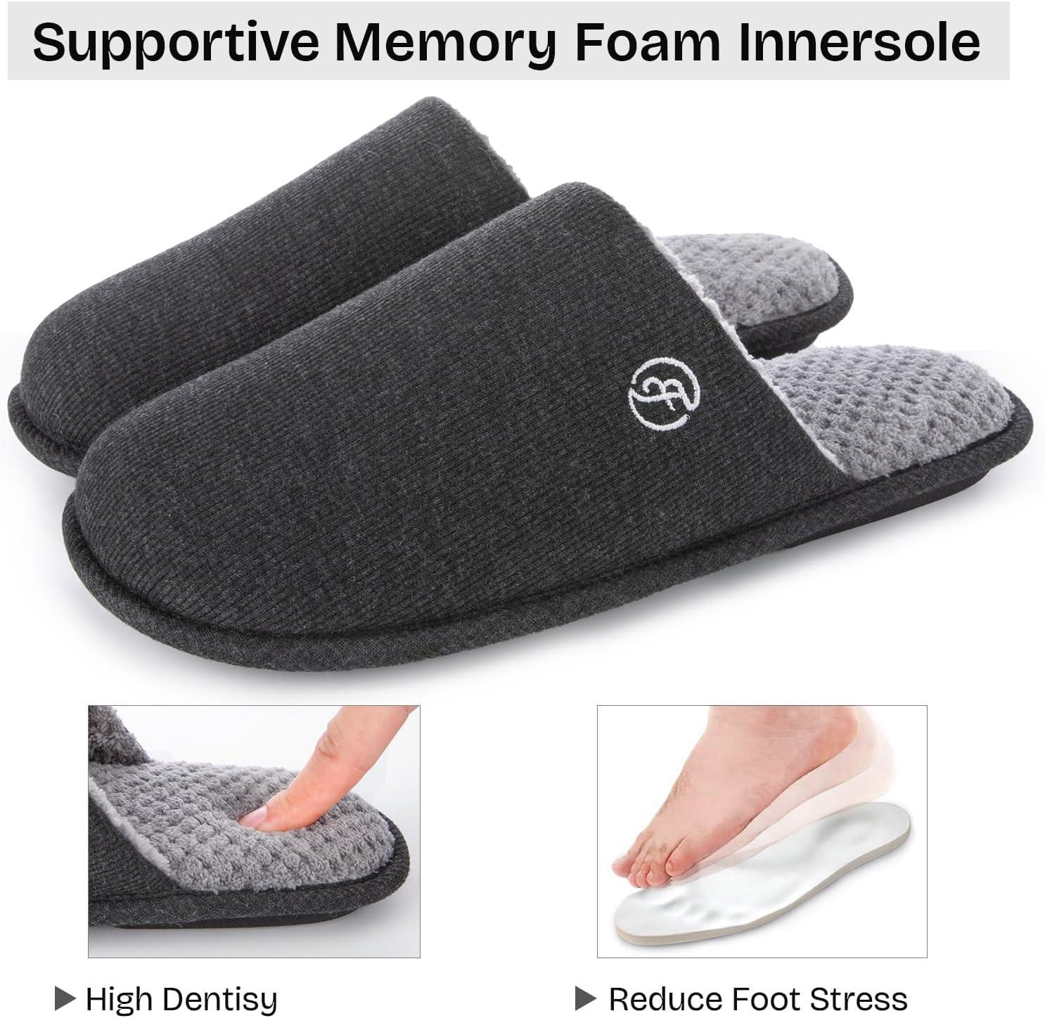 EverFoams Men’s Cotton Knit Slippers Lightweight Memory Foam Indoor House Shoes with Anti-Skid Sole(Lead Gray)