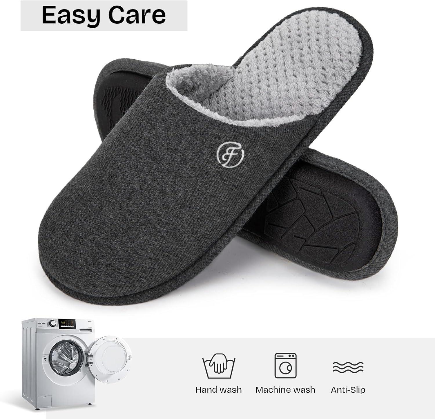 EverFoams Men’s Cotton Knit Slippers Lightweight Memory Foam Indoor House Shoes with Anti-Skid Sole(Lead Gray)