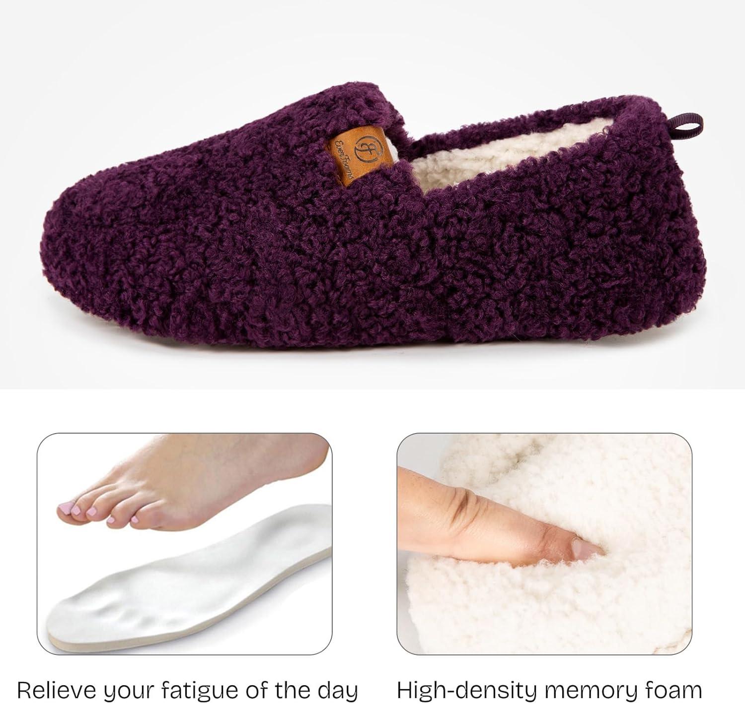 EverFoams Women’s Soft Curly Full Slippers Memory Foam Lightweight House Shoes Cozy Loafer with Polar Fleece Lining(Dark Aubergine)