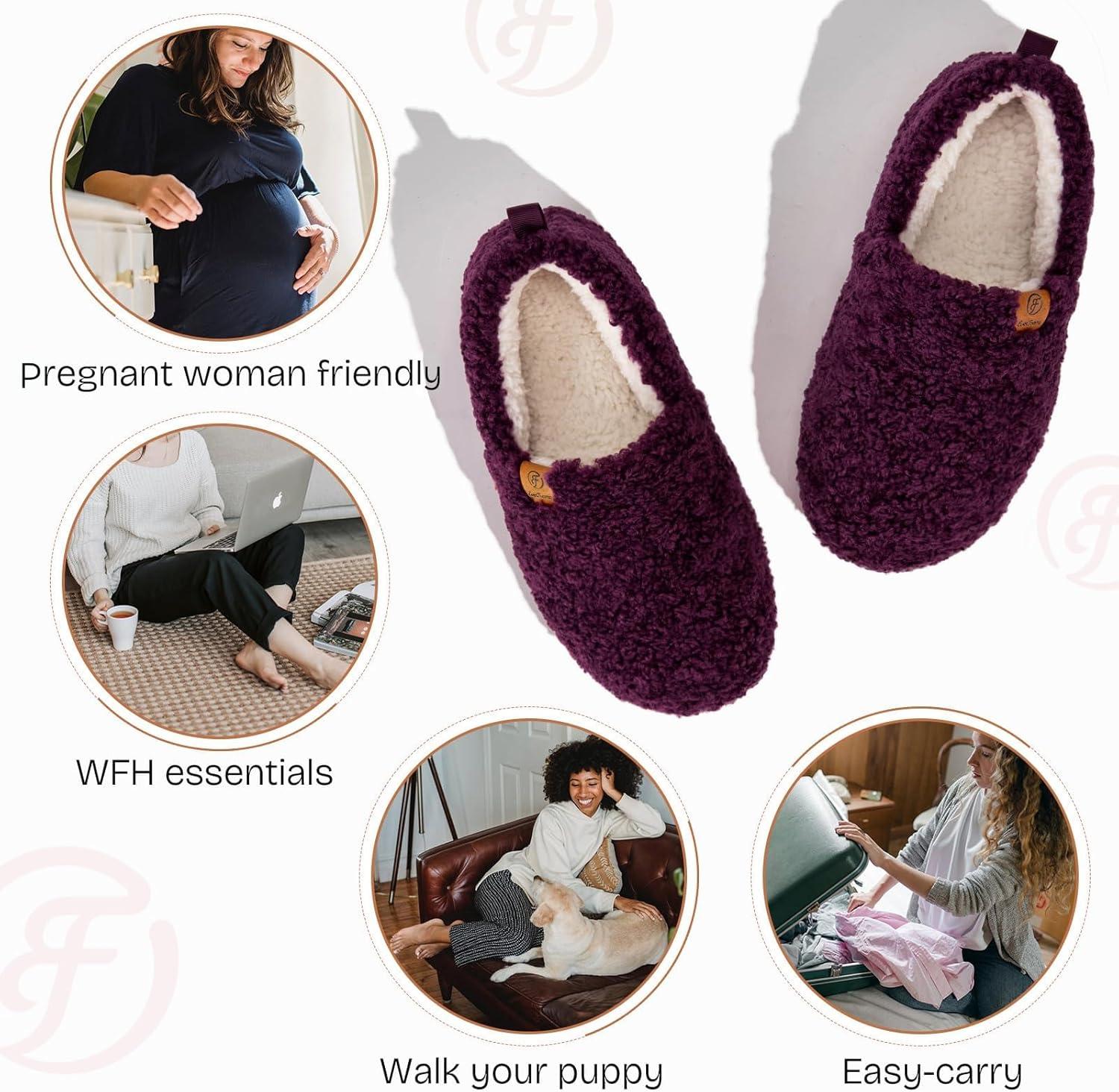 EverFoams Women’s Soft Curly Full Slippers Memory Foam Lightweight House Shoes Cozy Loafer with Polar Fleece Lining(Dark Aubergine)