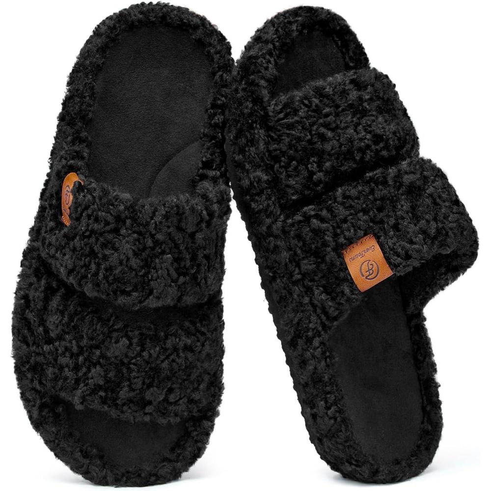 EverFoams Womens Fuzzy Open-toe Slippers Soft Comfy Memory Foam Indoor House Shoes(Matt Black)