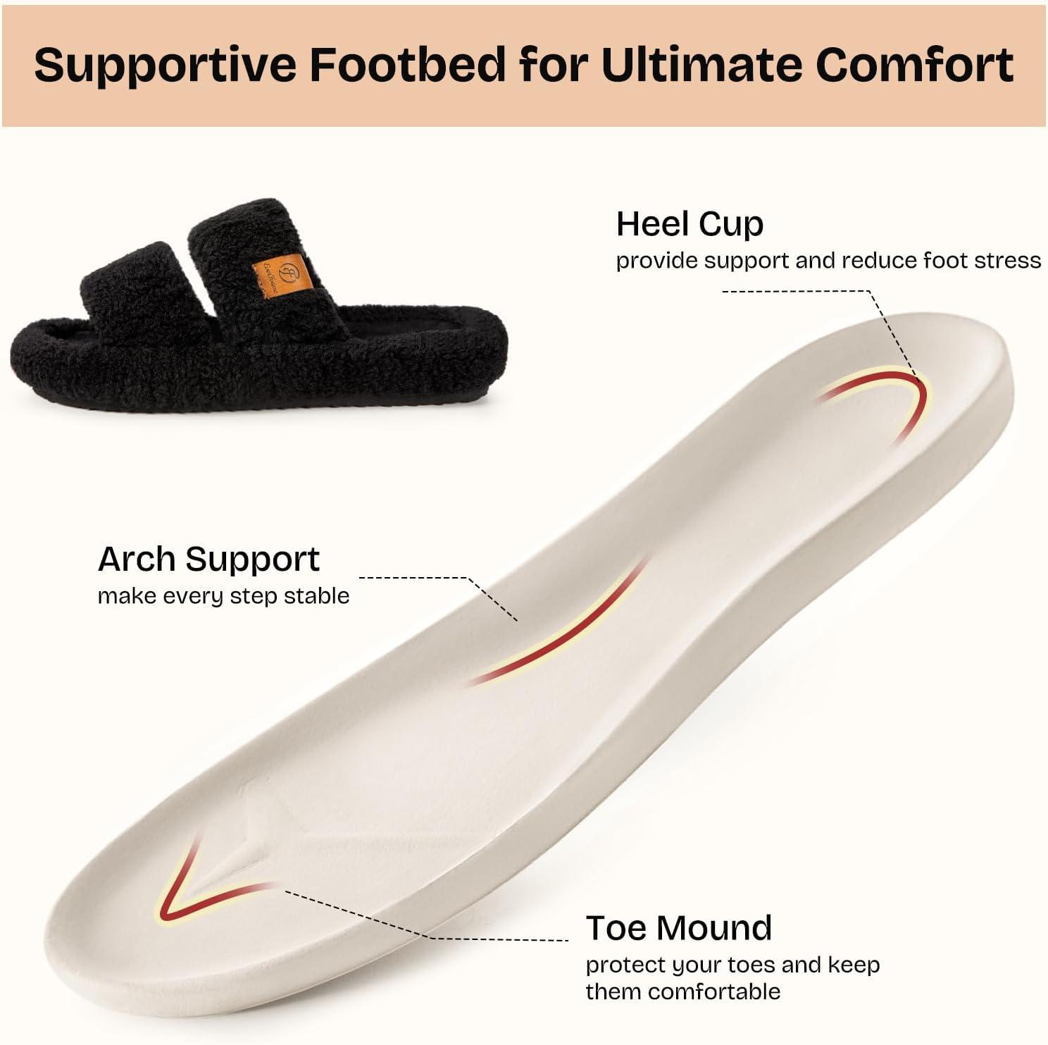 EverFoams Womens Fuzzy Open-toe Slippers Soft Comfy Memory Foam Indoor House Shoes(Matt Black)
