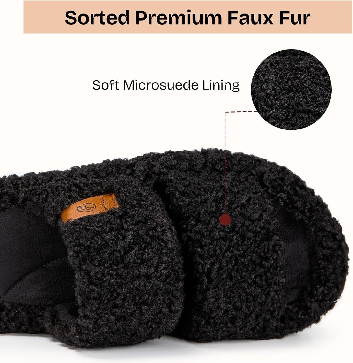 EverFoams Womens Fuzzy Open-toe Slippers Soft Comfy Memory Foam Indoor House Shoes(Matt Black)