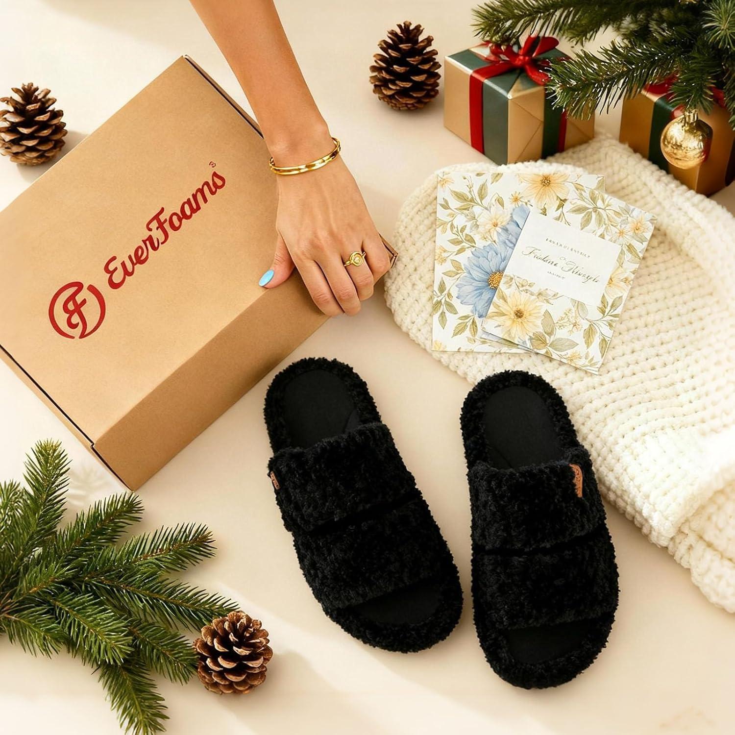 EverFoams Womens Fuzzy Open-toe Slippers Soft Comfy Memory Foam Indoor House Shoes(Matt Black)