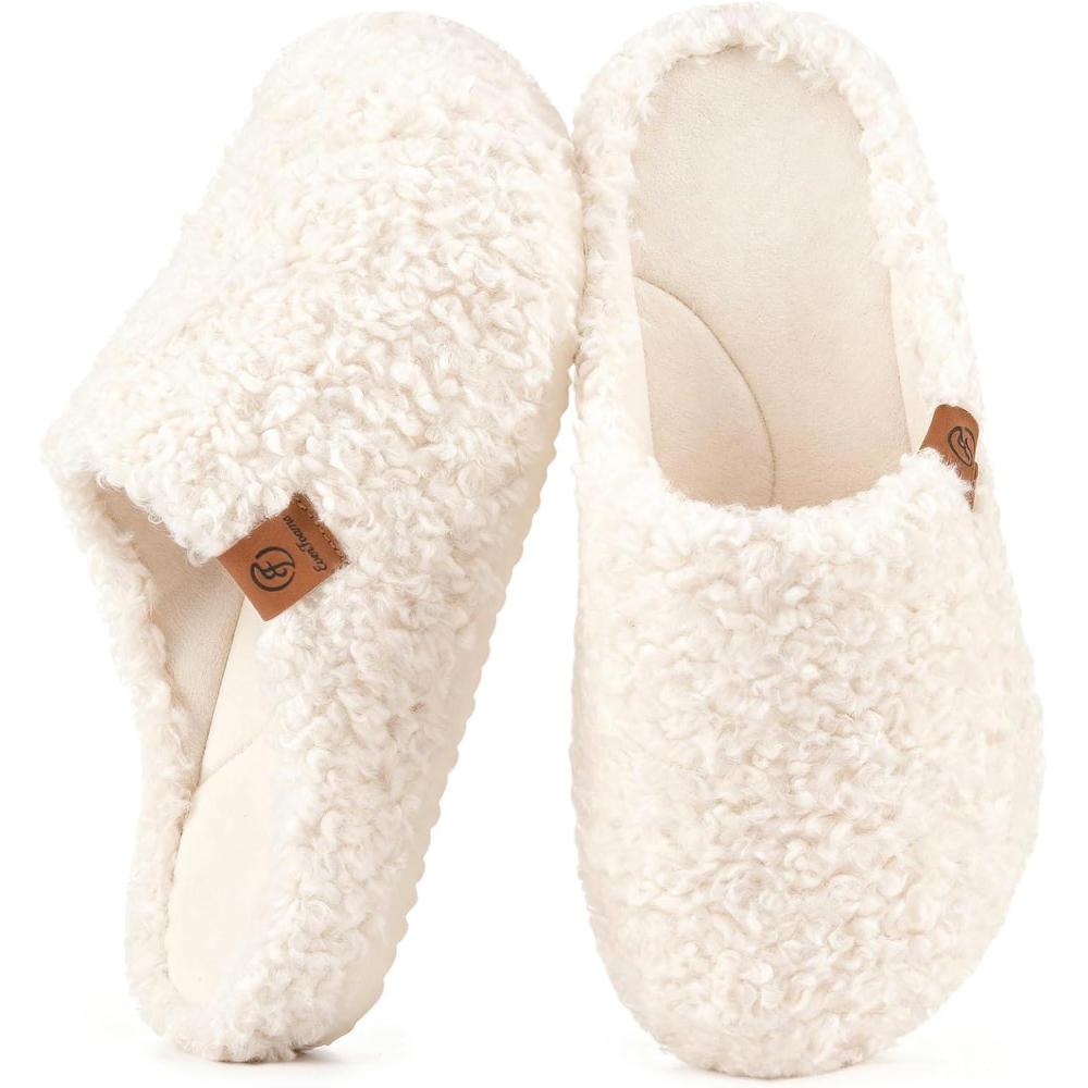 EverFoams Women‘s Fuzzy Clog Slippers with Slip on Cork Footbed for Indoor Outdoor(Almond Ivory)