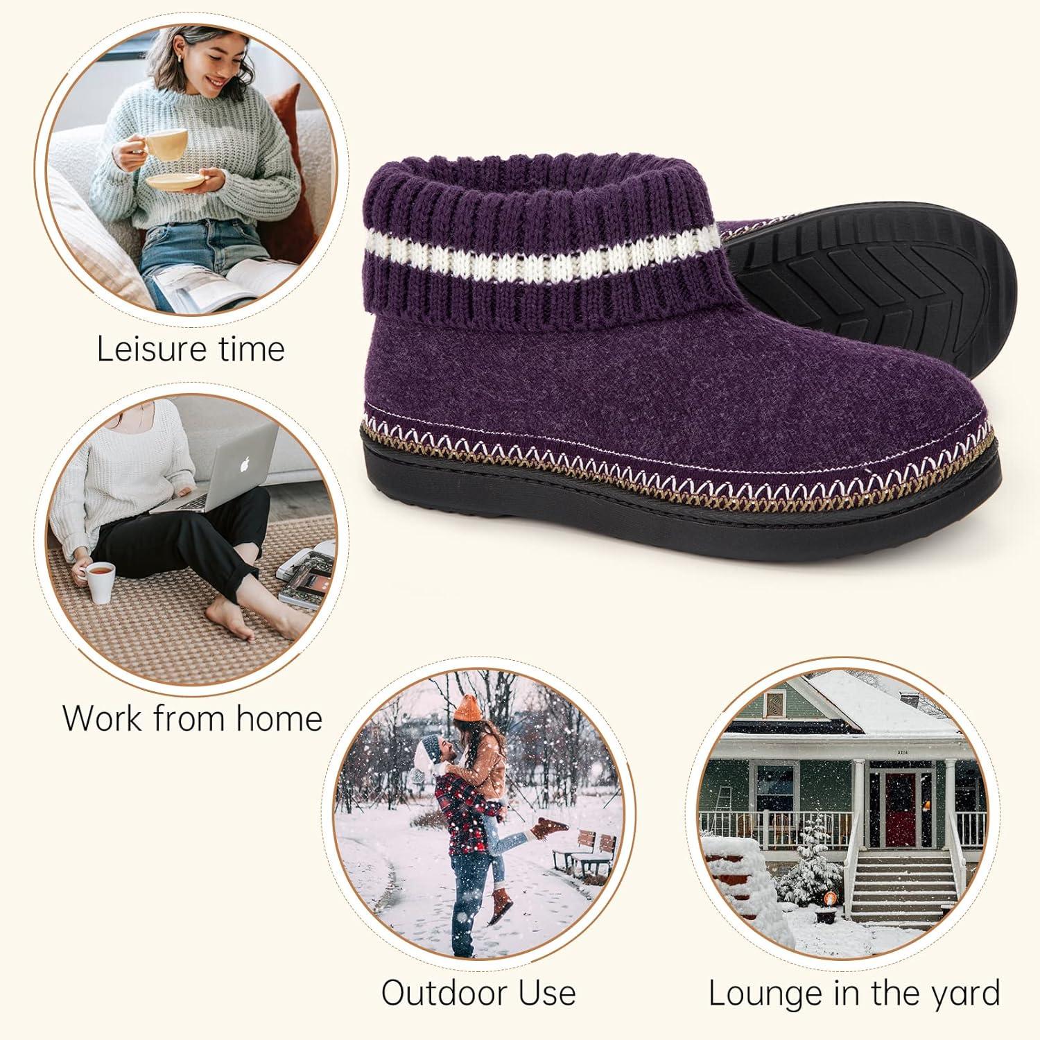 EverFoams Women’s Bootie Slippers Non-slip Comfy Winter Indoor House Shoes with Knitted Collar(Purple)